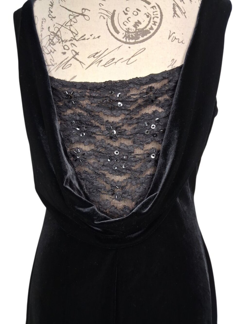 Vintage Black Velvet Maxi Dress Sleeveless Black Lace Sheer Back Classic Sz 12 - Picture 2 of 7